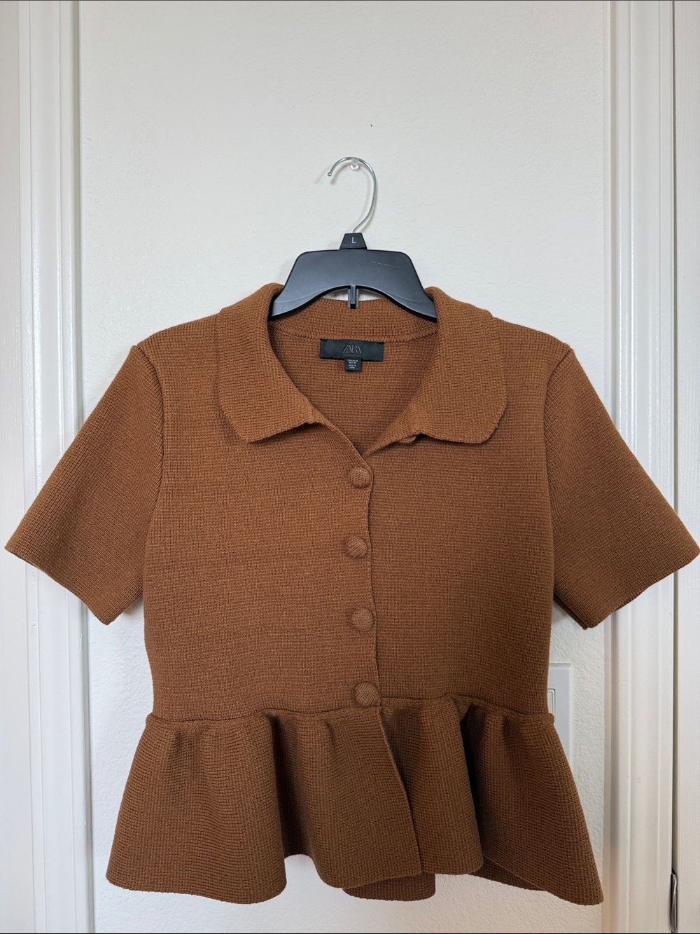 Zara Caramel Brown Short-Sleeve Peplum Knit Top
